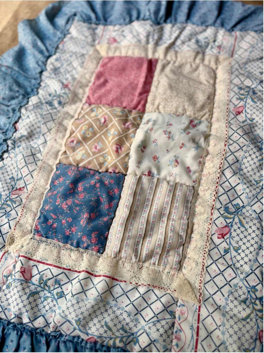Vintage Floral Patchwork Quilted Pillow Shams Set of 2 Blue Ruffle Trim - Picture 2 of 3